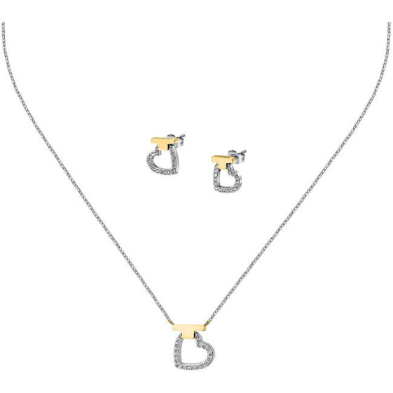 Steel bicolor jewelry set with T-Logo zircons TJAXC51 (necklace, earrings)