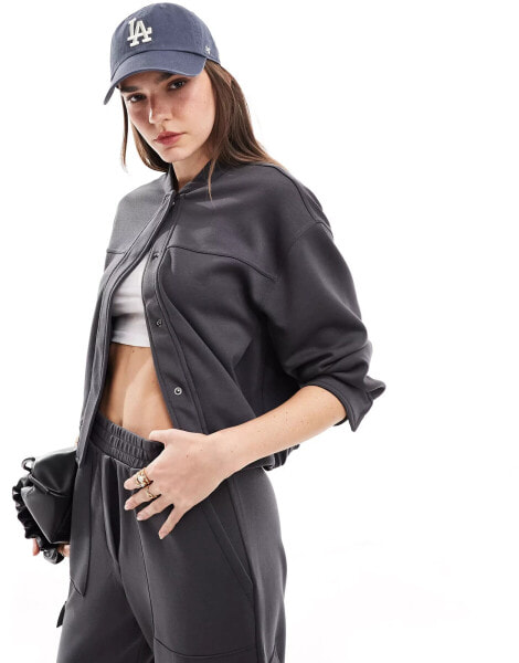 Mango knitted co-ord bomber jacket in charcoal