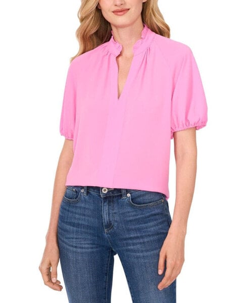 Women's Raglan Sleeve Ruffled Split Neck Blouse