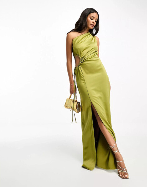 Style Cheat one shoulder satin cut-out midaxi dress in olive