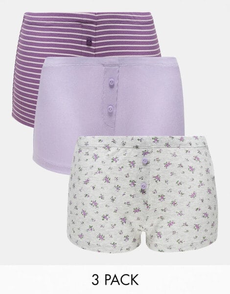 ASOS DESIGN 3 pack boxers in ditsy print, purple stripe & lilac rib