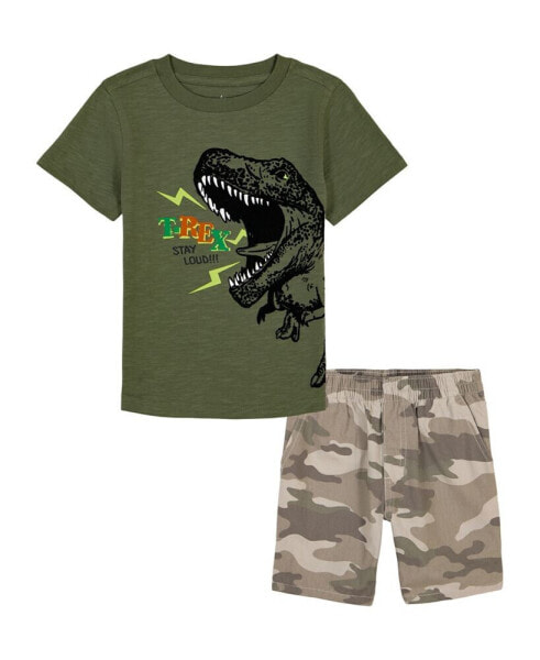 Little Boys Short Sleeve Dinosaur T-shirt and Prewashed Canvas Shorts Set