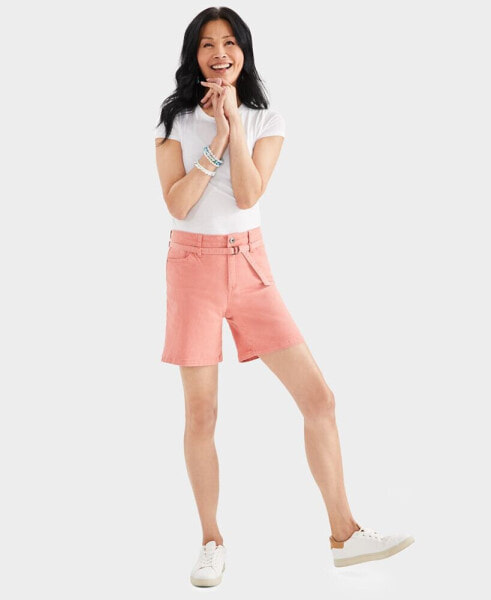 Women's High-Rise Belted Cuffed Denim Shorts, Created for Macy's