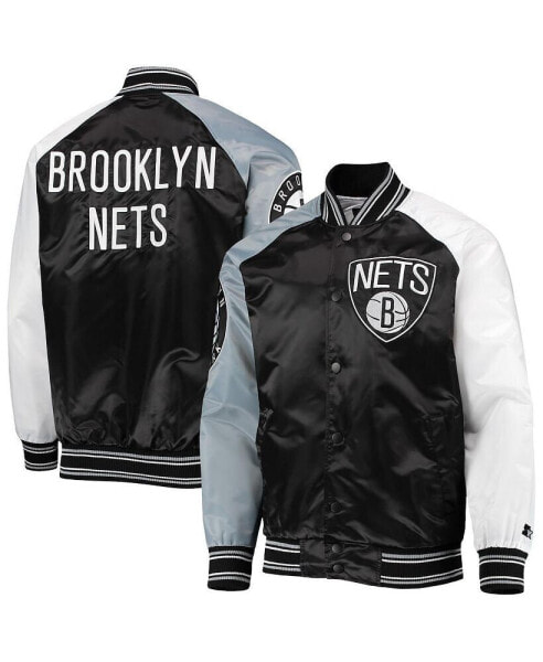 Куртка Starter мужская черная, серая Brooklyn Nets Reliever Varsity Satin Raglan Full-Snap