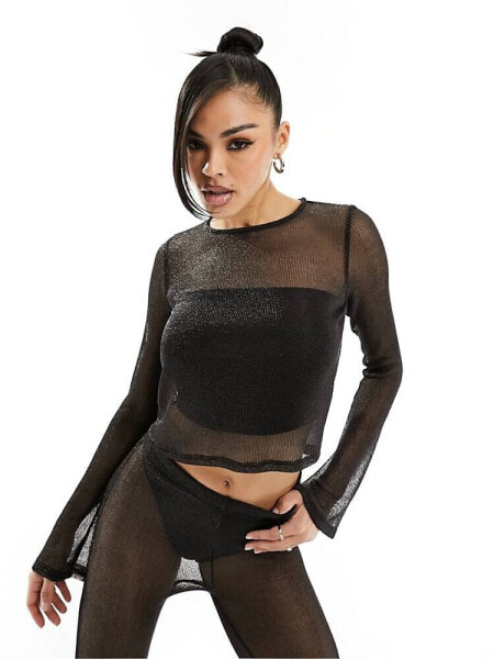 ASOS DESIGN jersey chainmail long sleeve top in black co-ord