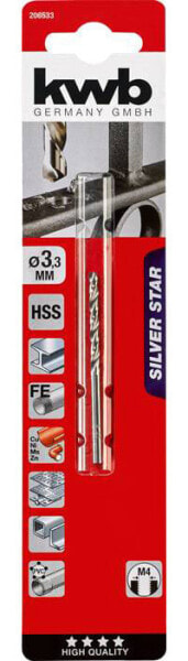 kwb 206533 - Drill - Right hand rotation - 3.3 mm - Hard plastic - Non-ferrous metal - Steel - 135° - High-Speed Steel (HSS)