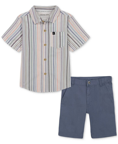 Baby Boys Cotton Striped Button-Up Shirt & Twill Shorts, 2 Piece Set