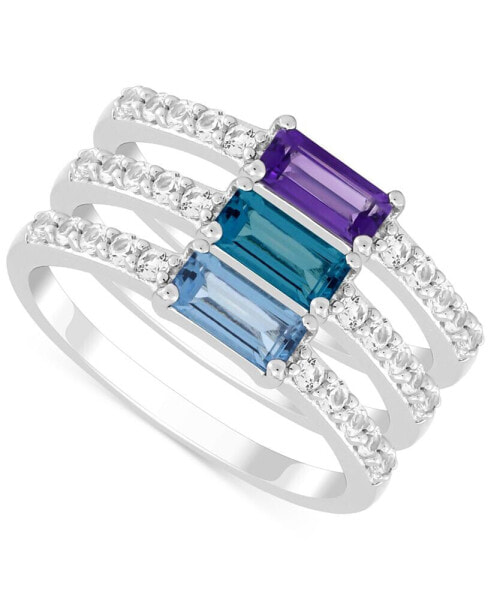 3-Pc. Set Multi-Gemstone (1-1/4 ct. t.w.) & Lab-Grown White Sapphire (5/8 ct. t.w.) Stack Rings in Sterling Silver