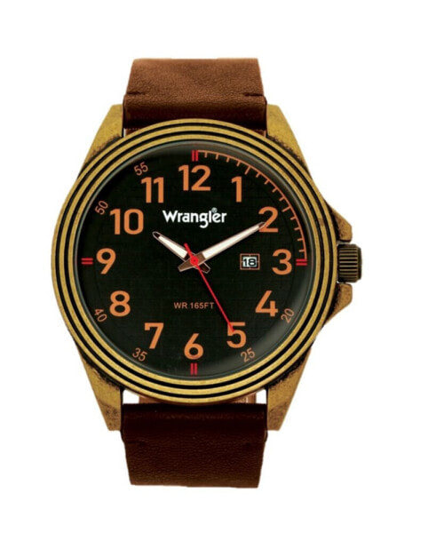 Men's, 48MM Antique Brass Case, Black Dial, Bronze Arabic Numerals, Black Strap, Analog Watch with Red Second Hand, Date Function