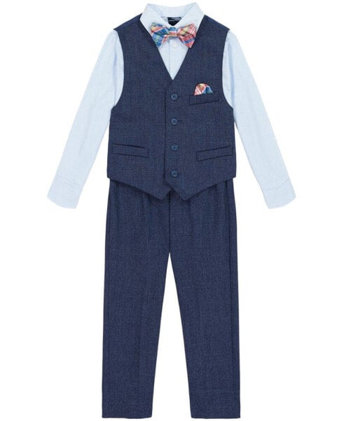 Toddler Boys Machine Washable Striated Twill Vest, Pant, Shirt, Bowtie and Pocket Square Set