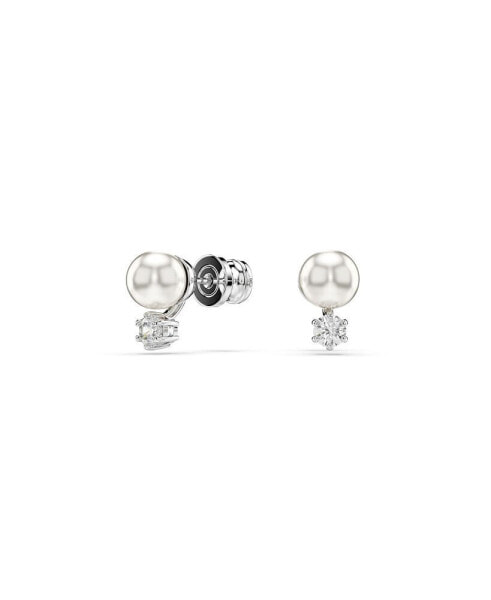 Crystal Pearl, Round Cut, White, Rhodium Plated Matrix Stud Earrings