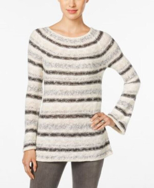 Style & Co Women's Striped Metallic Scoop Neck Long Sleeve Sweater Ivory Blue XL