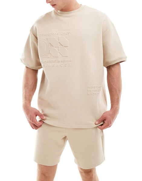 Pull&Bear embossed co-ord t-shirt in sand