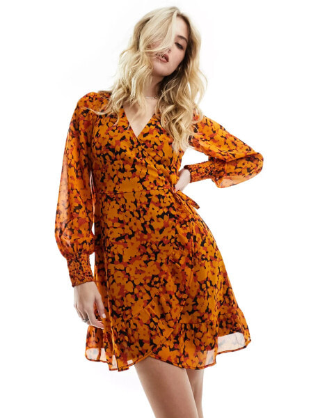 Wednesday's Girl marigold floral wrap mini dress in yellow