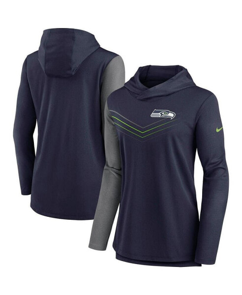 Women's College Navy and Heathered Charcoal Seattle Seahawks Chevron Hoodie Performance Long Sleeve T-shirt