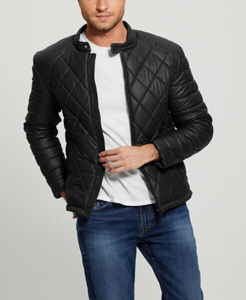 Men's Stretch Faux Leather Biker Collar Jacket