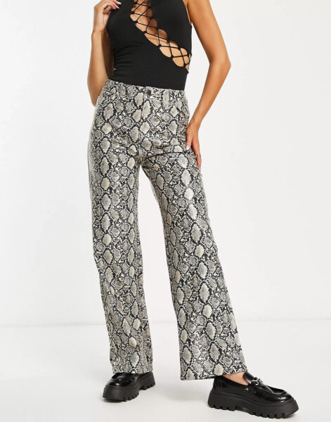 Stradivarius faux leather straight trouser in snake print