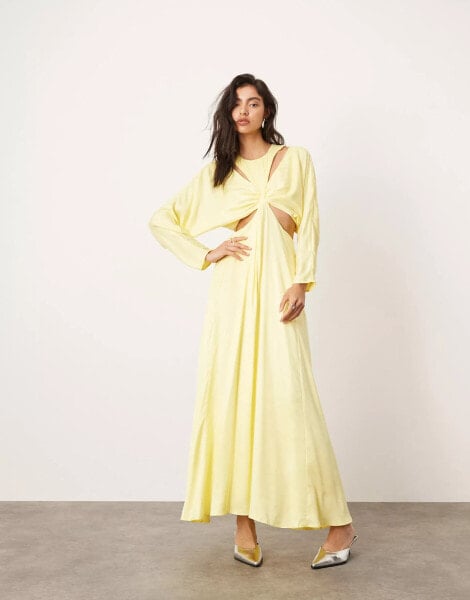 ASOS EDITION satin batwing maxi dress with cut out detail in lemon