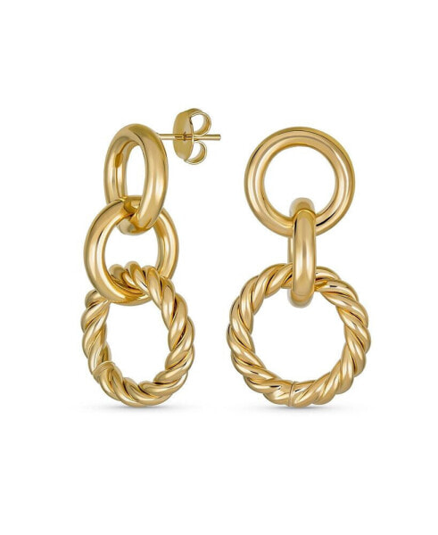 Classic Twisted Rope Braid Cable Light Weight Door Knocker Style 3 Tier Circle Hoop Earrings For Women Teen Yellow Gold Plated Brass 1.70 Inch