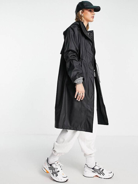 Selected Femme longline raincoat with toggle waist in black