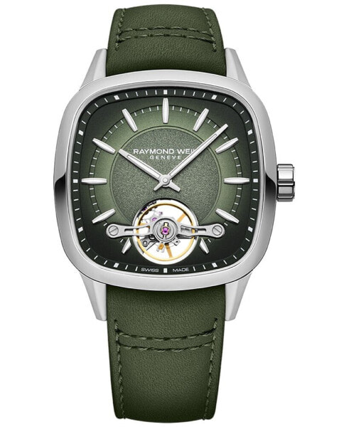 Men's Swiss Automatic Freelancer Green Leather Strap Watch 40mm