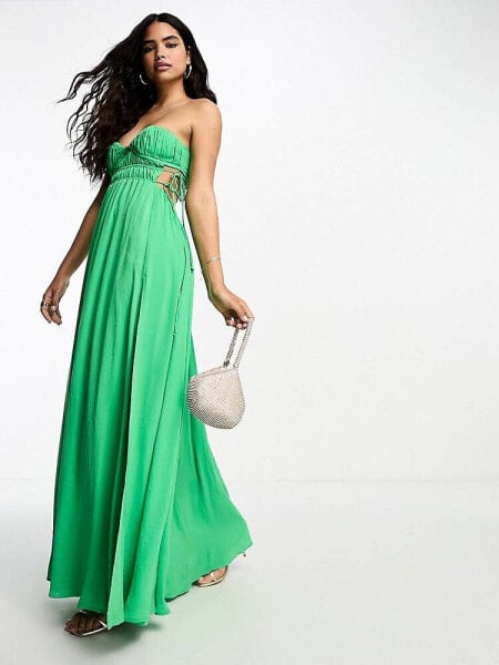 ASOS DESIGN ruched bandeau washed satin maxi dress with tie detail in green