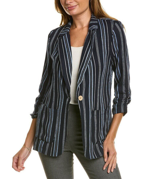 Ellen Tracy Shirred Linen-Blend Blazer Women's Navy Xs