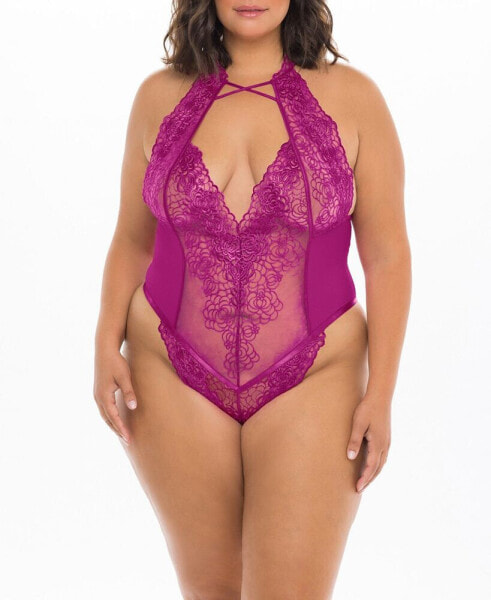 Plus Size High Neck Soft Embroidered Teddy with Crossing Elastic Details