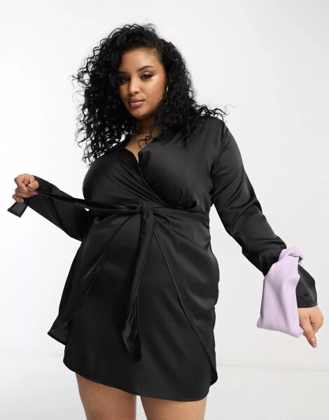 NaaNaa Plus satin blazer dress with tie waist in black