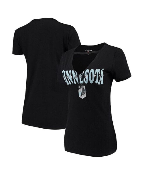 Women's 5th & Ocean by Black Distressed Minnesota United FC Athletic Baby V-Neck T-shirt