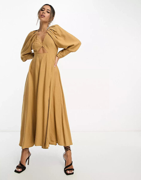 ASOS EDITION pleat shoulder midi dress with cut out back in camel