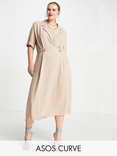 ASOS DESIGN Curve wrap tux midi dress with shoulder pads in stone