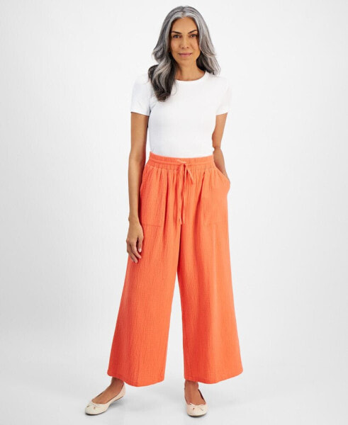 Women's Cotton Gauze Wide-Leg Pants, Created for Macy's