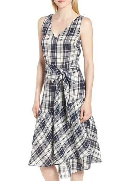 Nordstrom Signature158874 Women's Faux Wrap Plaid Navy and White Dress Sz. 14