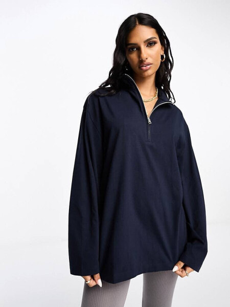 ASOS DESIGN long sleeve half zip t-shirt in navy