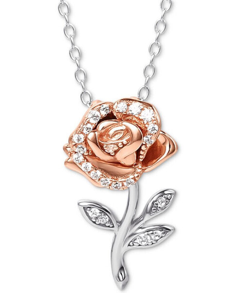 Disney cubic Zirconia Rose 18" Pendant Necklace in Sterling Silver & 18k Rose Gold-Plate