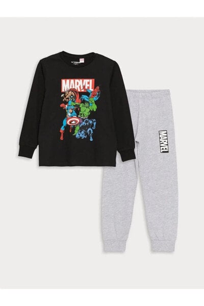 LCW Kids Bisiklet Yaka Marvel Baskılı Uzun Kollu Erkek Çocuk Pijama Takımı