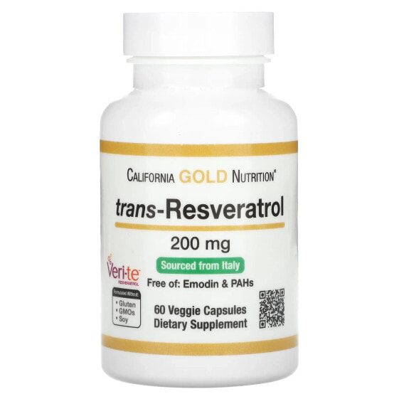 California Gold Nutrition, транс-ресвератрол, итальянского происхождения, 200 мг, 60 растительных капсул