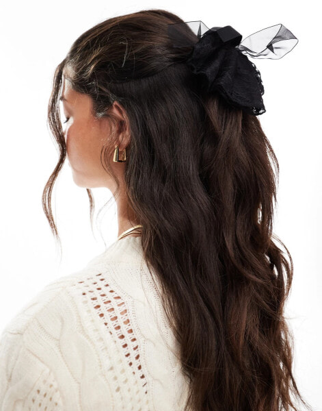 Pieces scrunchie with XL lace bow in black