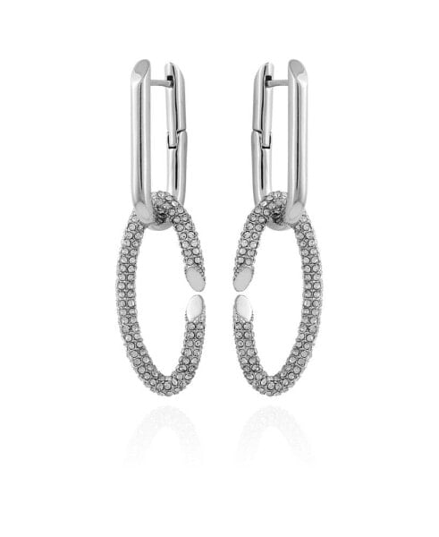 Silver-Tone Glass Stone Double Link Oval Hoop Drop Earrings