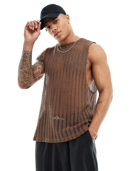 ASOS DESIGN relaxed tank in brown crochet