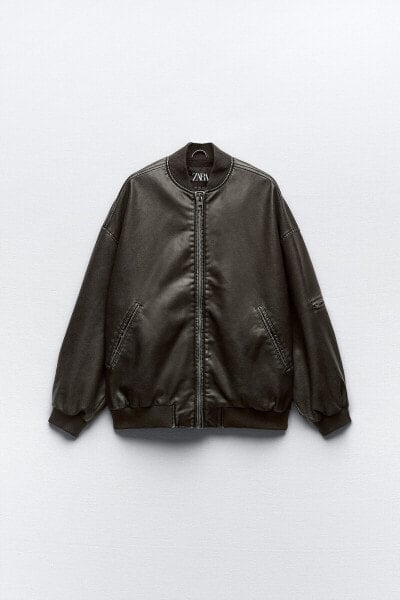 OVERSIZE DISTRESSED LEATHER EFFECT BOMBER JACKET