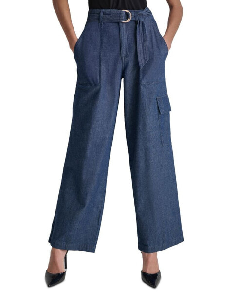 Women's High Rise Belted Wide-Leg Cotton Denim Cargo Pants