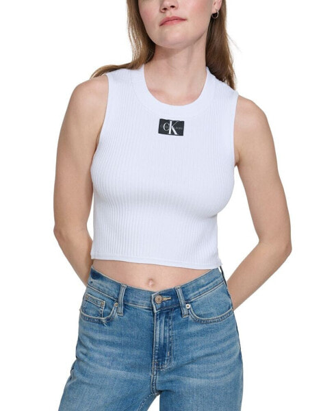 Women's Ribbed Angled-Hem Cropped Logo Top