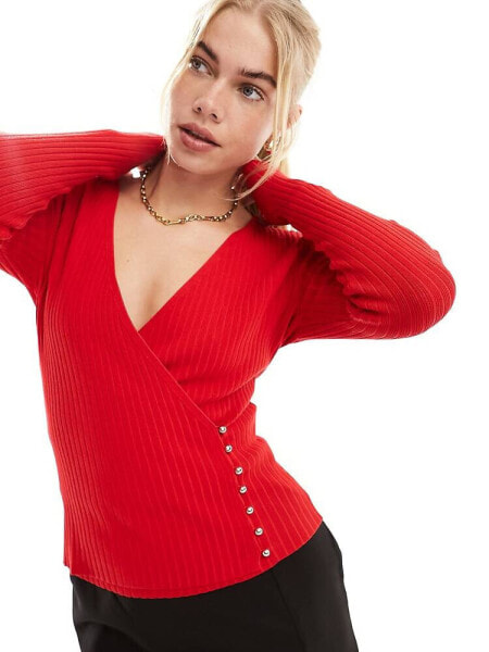 Morgan fine ribbed top with gold hardwear detail in red