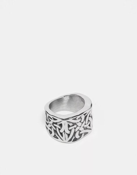 ASOS DESIGN waterproof stainless steel signet ring with vintage design in burnished silver