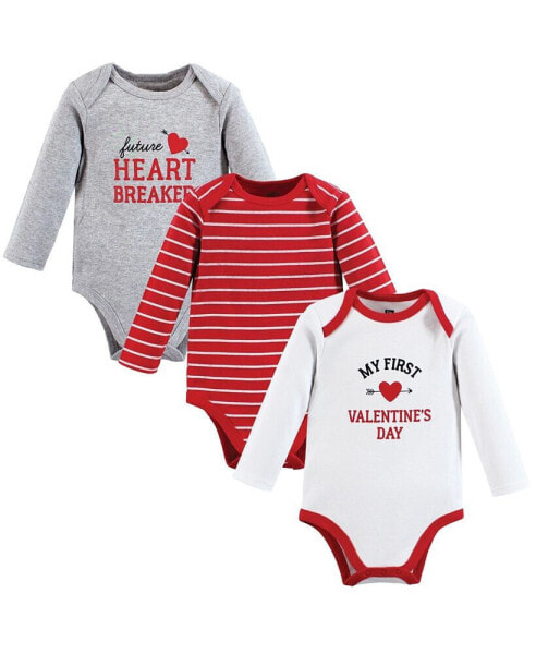 Baby Boys Cotton Long-Sleeve Bodysuits, Valentine Heartbreaker, 3-Pack