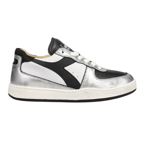 Diadora Mi Basket Low Metallic Dirty Lace Up Mens Black, Silver, White Sneakers