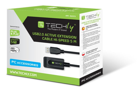 Techly IUSB-REP20TY - 5 m - USB A - USB A - USB 2.0 - 480 Mbit/s - Black