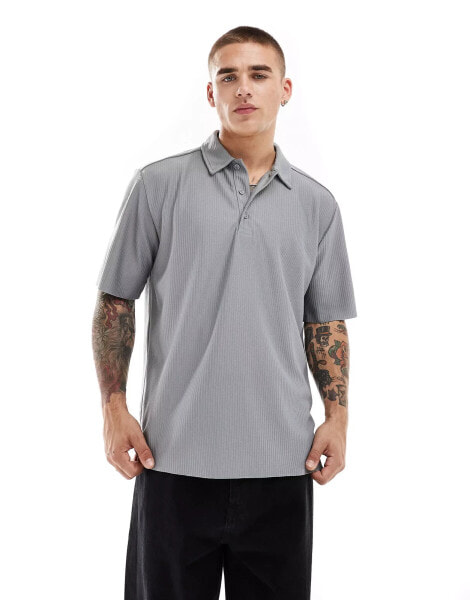 ONLY & SONS oversized plisse polo in grey